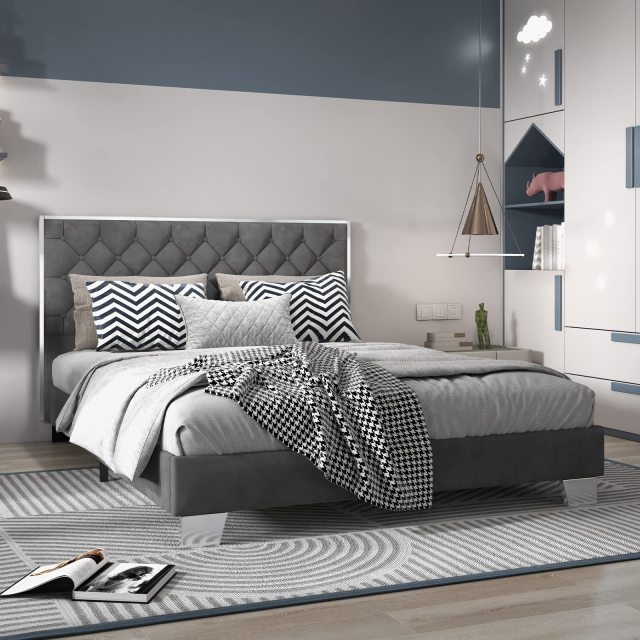 KOMFOTT Full Size Upholstered Bed Frame with Button Tufted Headboard