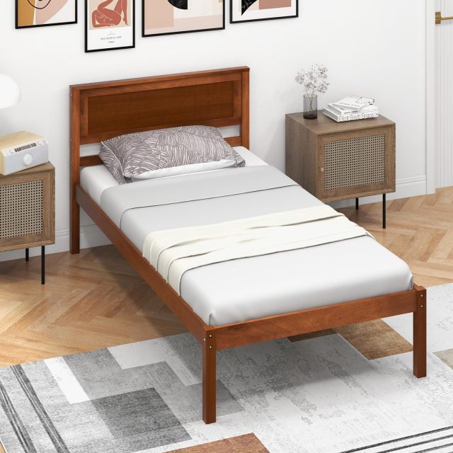 KOMFOTT Wooden Platform Bed Frame with Headboard & Wood Slat Support