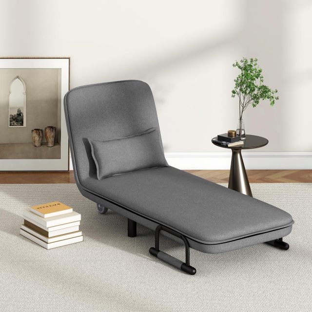 KOMFOTT Convertible Chair Bed with 5-Position Adjustable Backrest & Lumbar Pillow, 2 Lockable Casters