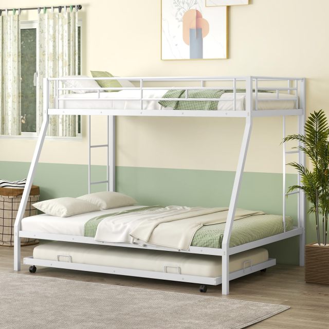 KOMFOTT Twin Over Full Heavy-Duty Metal Bunk Bed with Trundle, Guardrail & 2 Ladders