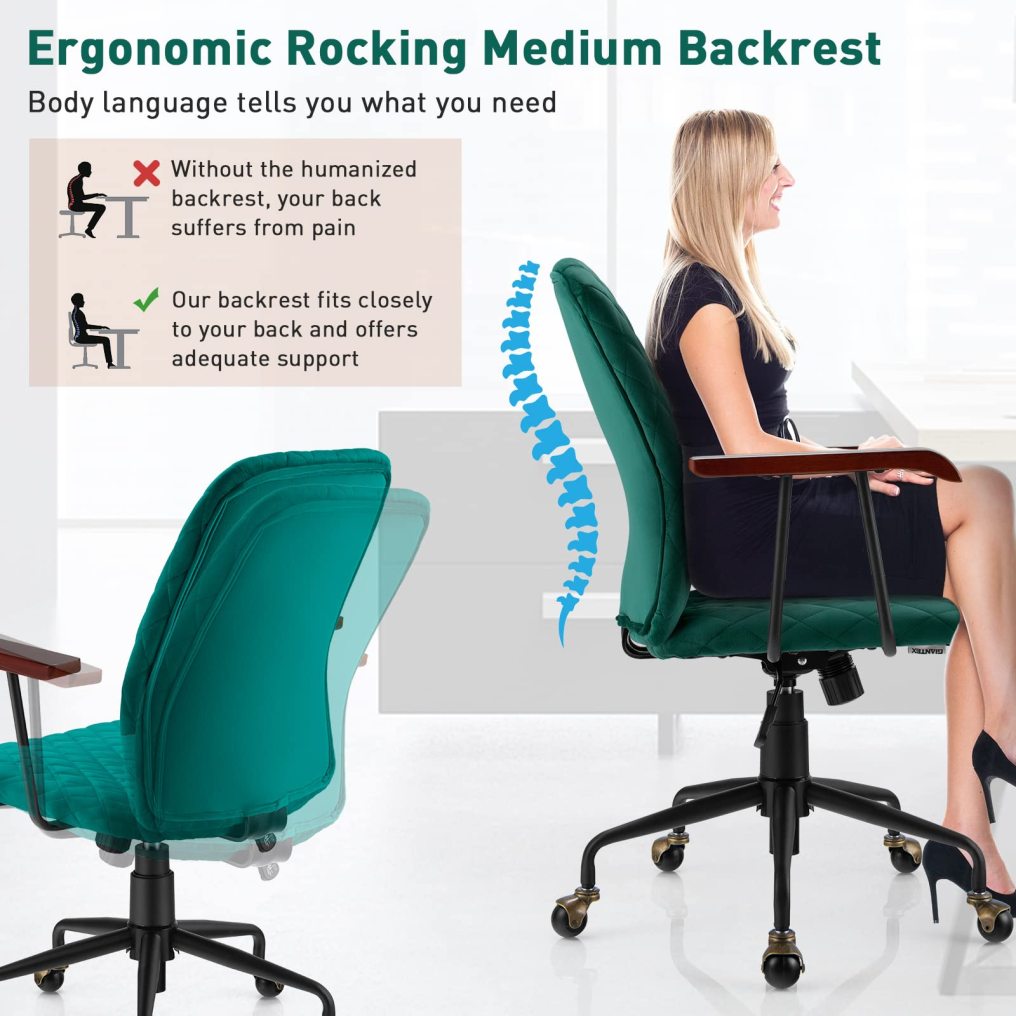 KOMFOTT Home Office Desk Chair, Vintage Adjustable Swivel Rolling Chair with Copper Wheels & Armrest