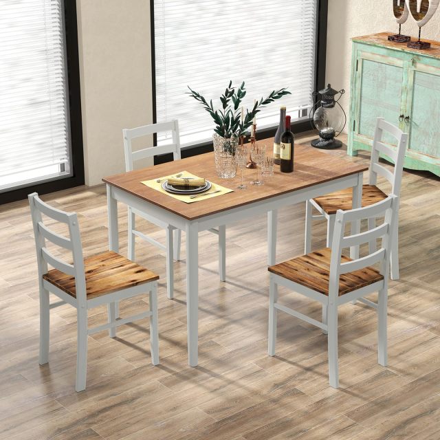 KOMFOTT Dining Table Set for 4, Farmhouse Solid Wood Dining Set w/Rubber Wood Legs