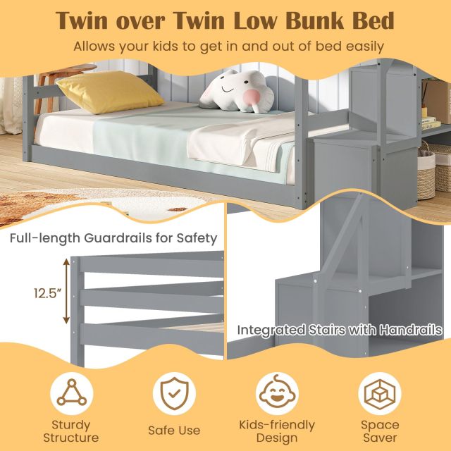 KOMFOTT Bunk Bed with Stairs, Solid Wood Floor Bunk Bed with Storage Staircase & Full-Length Guardrails