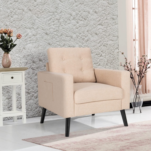 KOMFOTT Modern Accent Chair, Mid-Century Upholstered Armchair Club Chair with Rubber Wood Legs