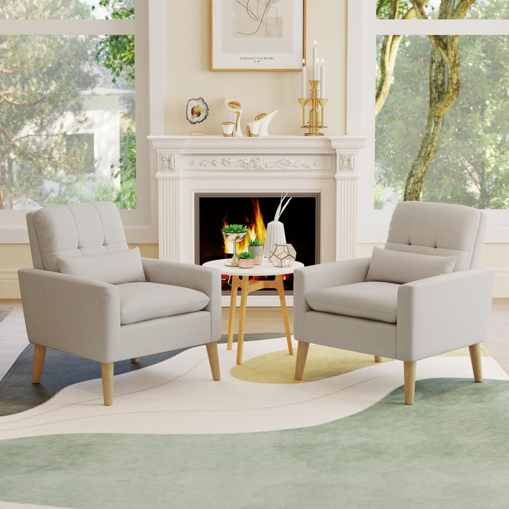 KOMFOTT Modern Linen Accent Chair, Upholstered Tufted Armchair with Lumbar Pillow, Rubber Wood Legs, Padded Cushion