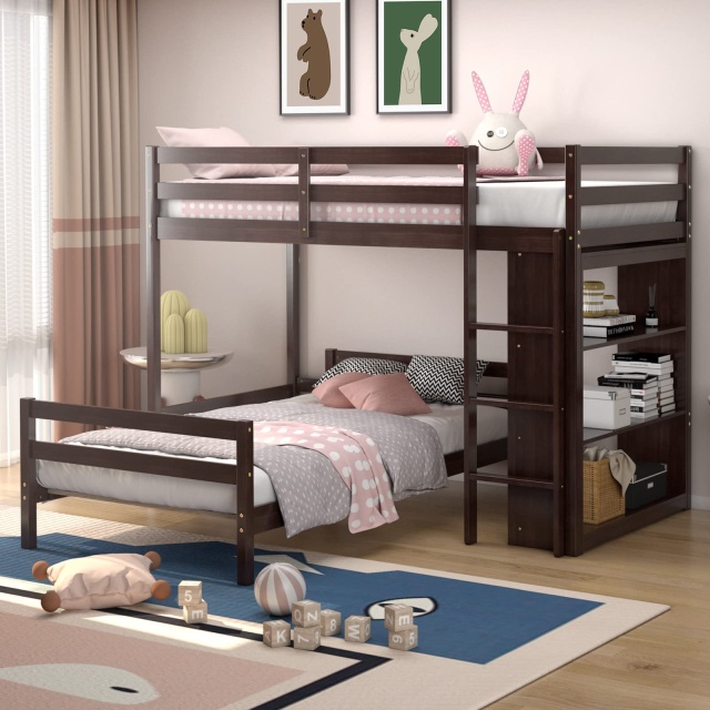 KOMFOTT Twin Over Twin Bunk Bed, Convertible Wooden Loft Bed with 3-Tier Bookcase, Can be Separated into 2 Beds