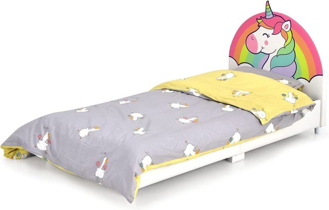 KOMFOTT Kids Bed, Toddler Upholstered Platform Floor Bed w/Headboard & Wooden Slat Base