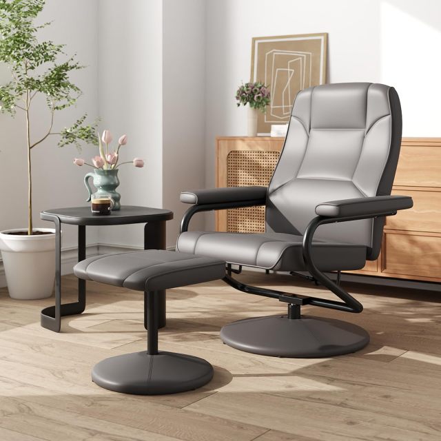 KOMFOTT Recliner Chair with Ottoman, 360° Swivel Faux Leather Reclining Chair w/Adjustable Backrest, Footrest