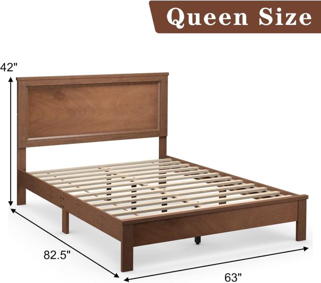 KOMFOTT Wood Platform Bed Frame with Headboard, Mid Century Platform Bed Frame with Solid Wood Legs & Wooden Slat Support