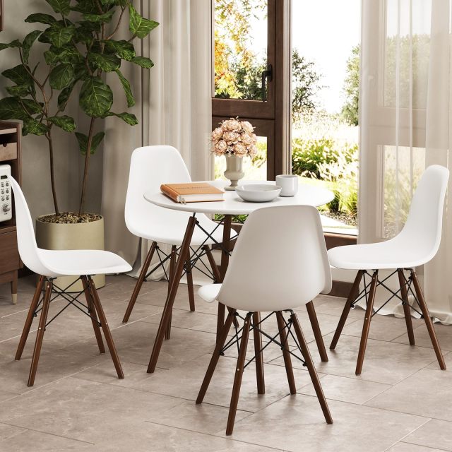 KOMFOTT Round Dining Table Set for 4, Modern Circle Kitchen Table & 4 Chairs with Ergonomic Seats and Solid Wood Legs
