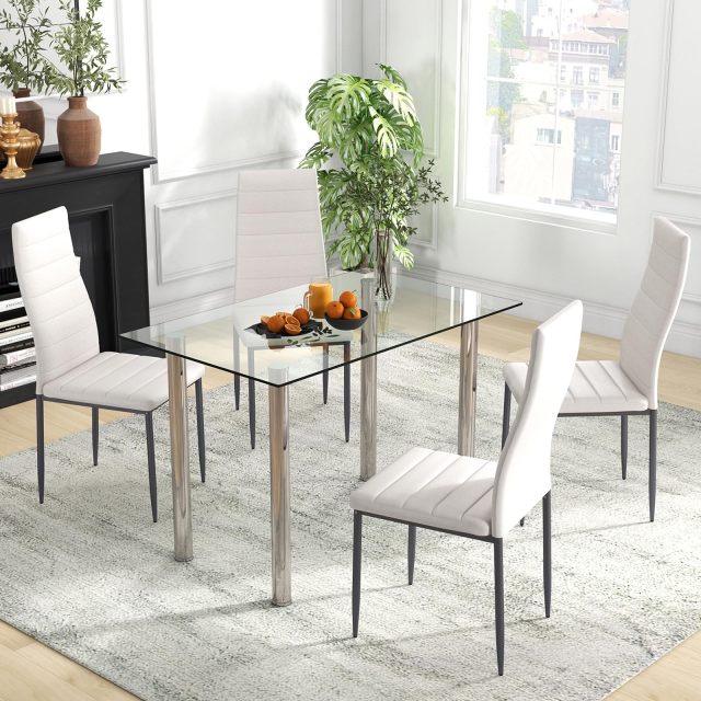 KOMFOTT 5 Piece Dining Table Sets, Modern Tempered Glass Top and PVC Leather Chair w/4 Chairs