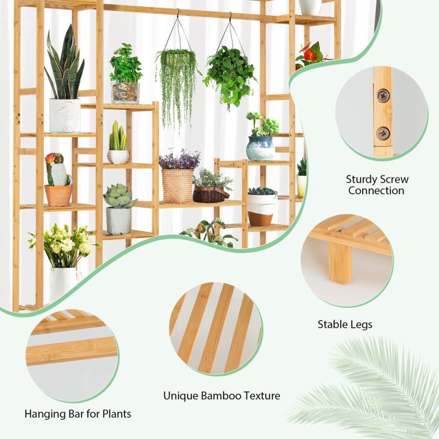 Bamboo Plant Stand with Hanging Rack & Anti-Dumping Device 2-In-1 High-Low Plant Holder Shelf