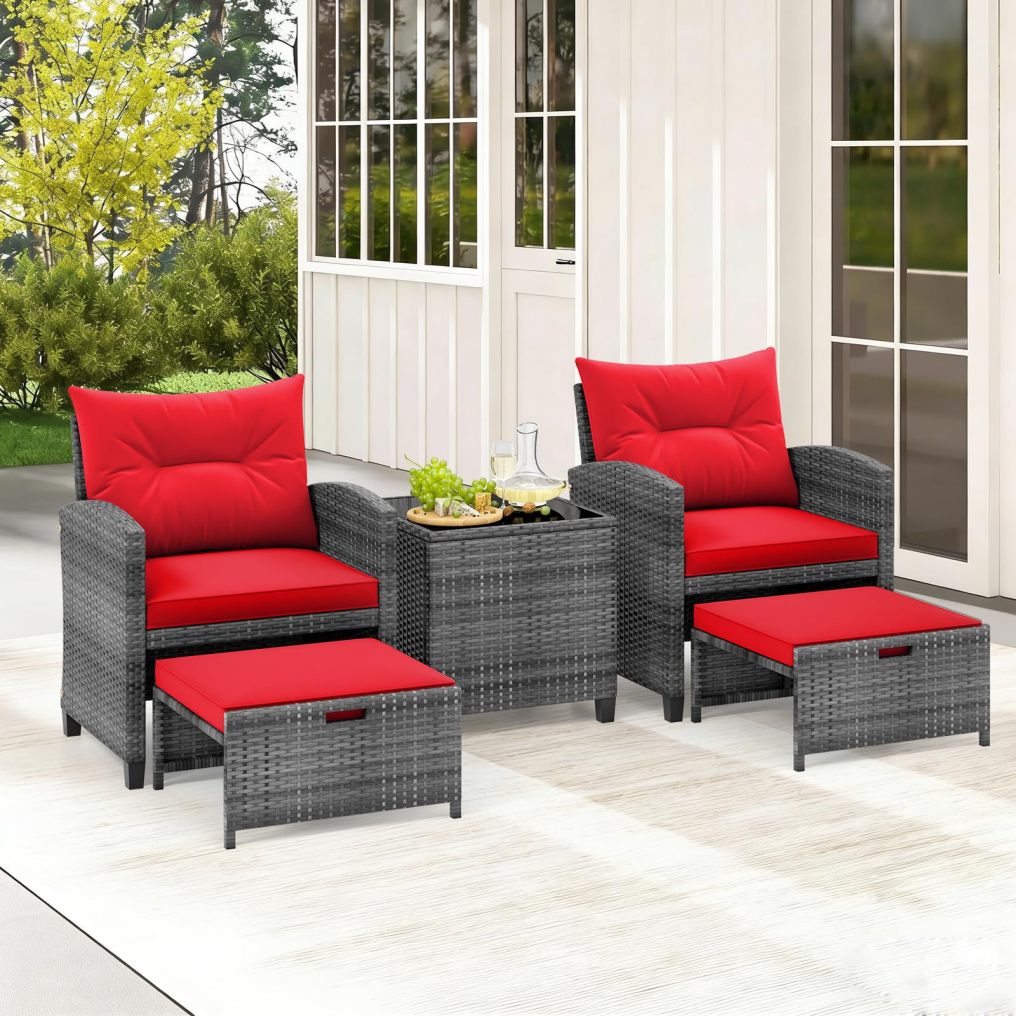 5-Piece Rattan Conversation Set with Tempered Glass Coffee Table & Ottomans