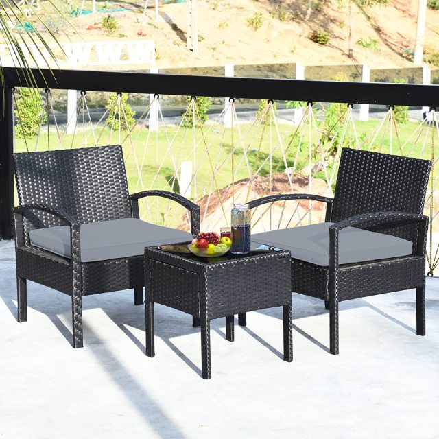 3 Pieces Patio Furniture Set Outdoor Rattan Conversation Set with 2 Chairs & Coffee Table