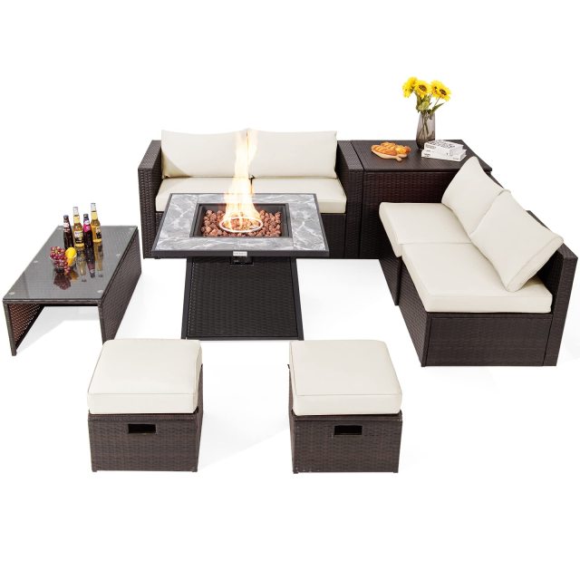 9 Piece Patio Furniture Set with 35'' Fire Pit Table for Poolside Backyard