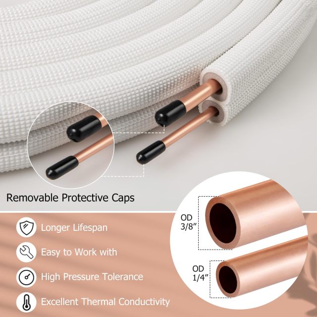 Copper Pipes Tubing with 3-Layer Insulation for Mini Split Air Conditioner (25Ft 1/4" and 3/8")