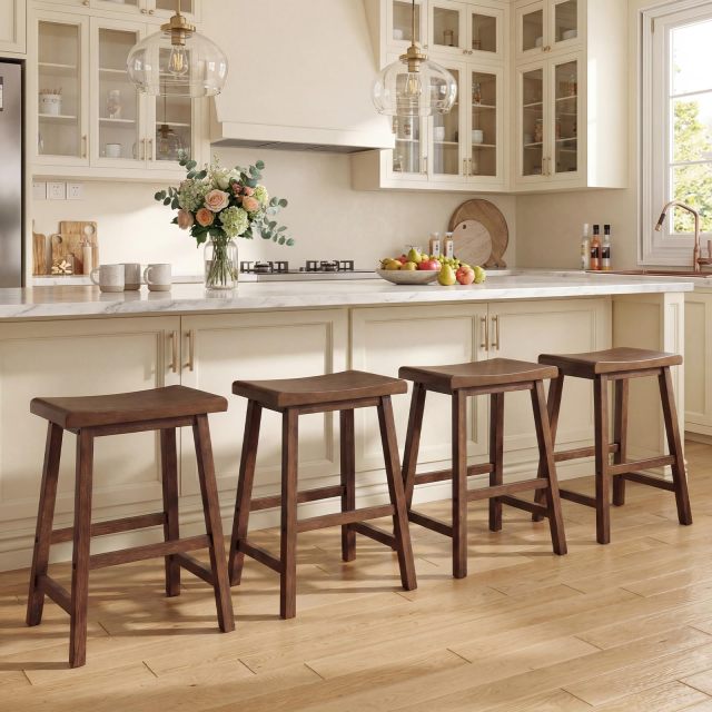 Solid Wood Saddle Stools 24-inch Height Backless Counter Chairs(2/4)