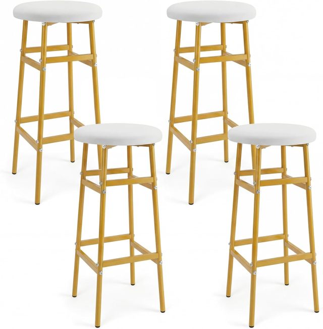 29-inch Metal Round Bar Stools Set of 2/4 Upholstered Backless with Linen Seat