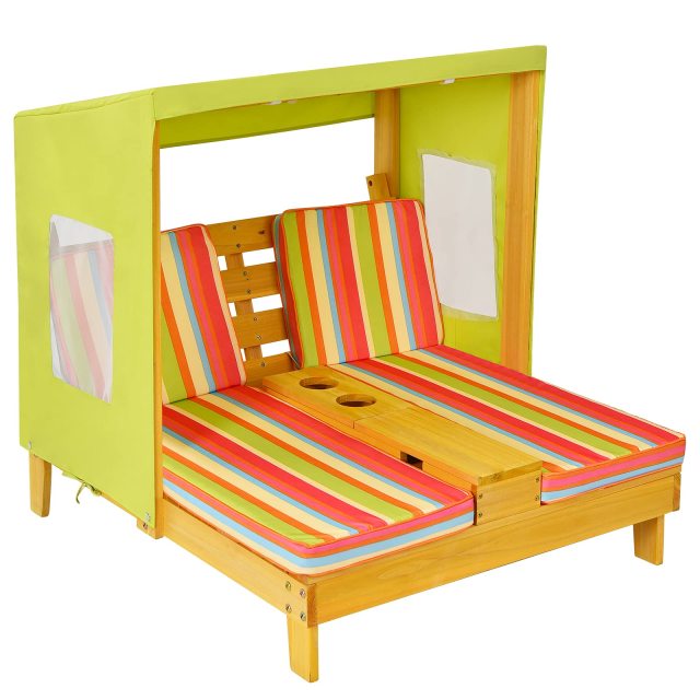Kids Double Chaise Lounge Outdoor 2-Seat Patio Lounge Chair with Cup Holders & Cushions