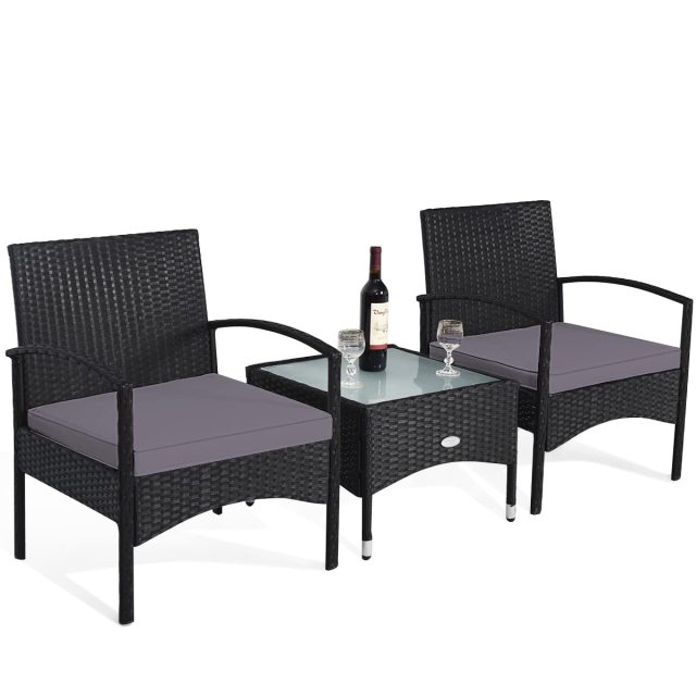 3 PCS Patio Wicker Conversation Set for Yard Porch Bistro Balcony Backyard Pool