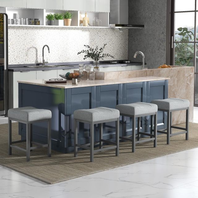 24.5" Bar Stool Set Upholstered Breakfast Stools w/Solid Rubber Wood Frame Humanized Footrest