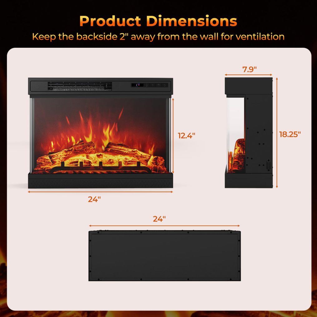 24 Inches 3-Sided Glass Electric Fireplace 750W/1500W Fireplace Heater with Remote Control