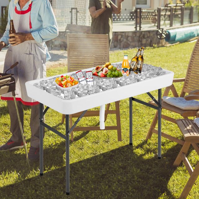 Folding Ice Table for Parties with Drain & Removable Skirt