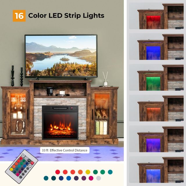 Fireplace TV Stand with LED Lights for TV up to 65”, Entertainment Center with 18” Electric Fireplace