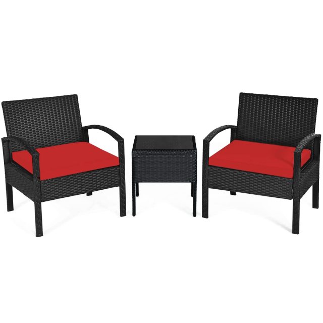 3 Pieces Patio Furniture Set Outdoor Rattan Conversation Set with 2 Chairs & Coffee Table