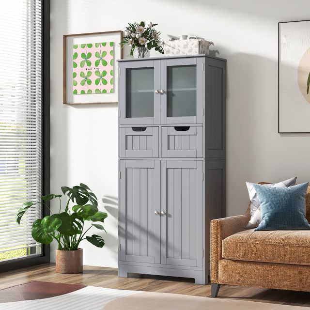 Bathroom Storage Cabinet with Glass Doors 2 Drawers and 2 Adjustable Shelves