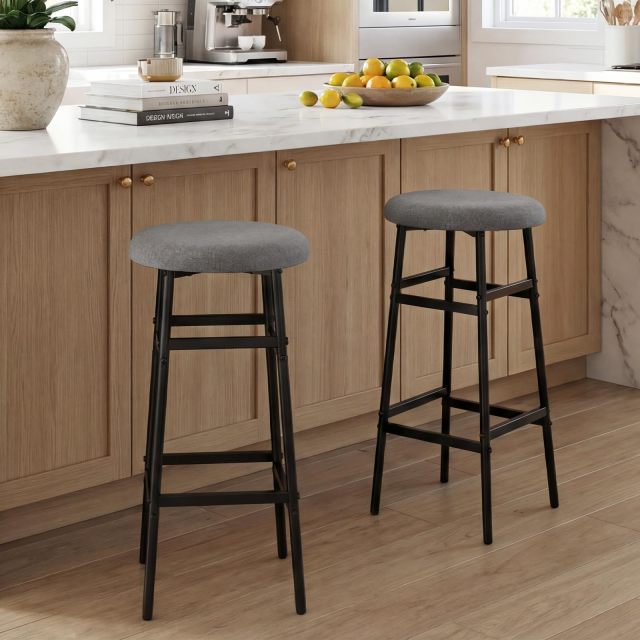 29-inch Metal Round Bar Stools Set of 2/4 Upholstered Backless with Linen Seat