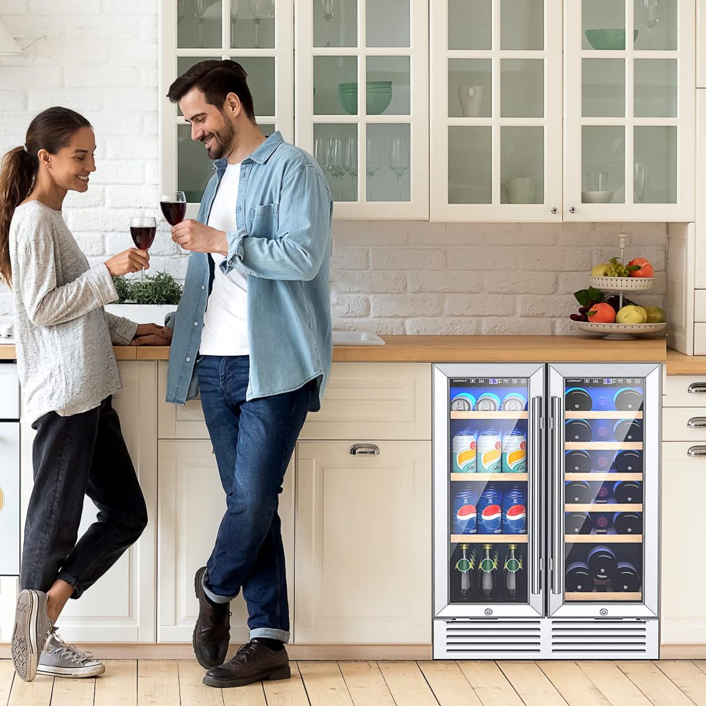 Wine and Beverage Refrigerator, 24 Inch Dual Zone Under Counter Wine Cooler w/Lock