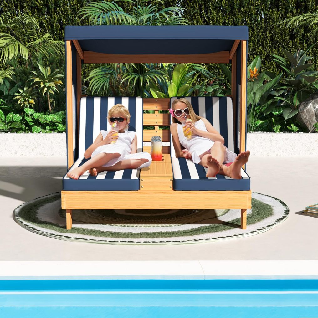Kids Double Chaise Lounge Outdoor 2-Seat Patio Lounge Chair with Cup Holders & Cushions