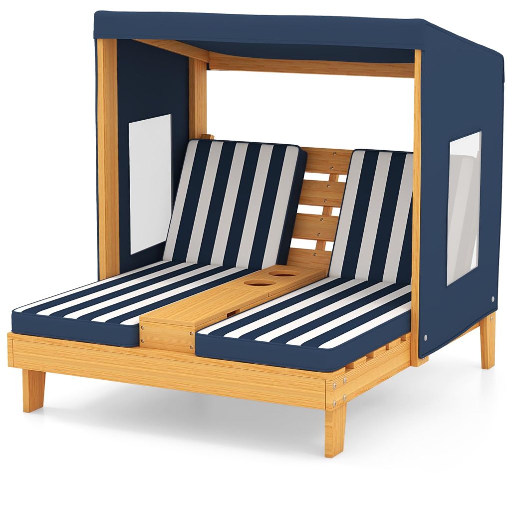 Kids Double Chaise Lounge Outdoor 2-Seat Patio Lounge Chair with Cup Holders & Cushions