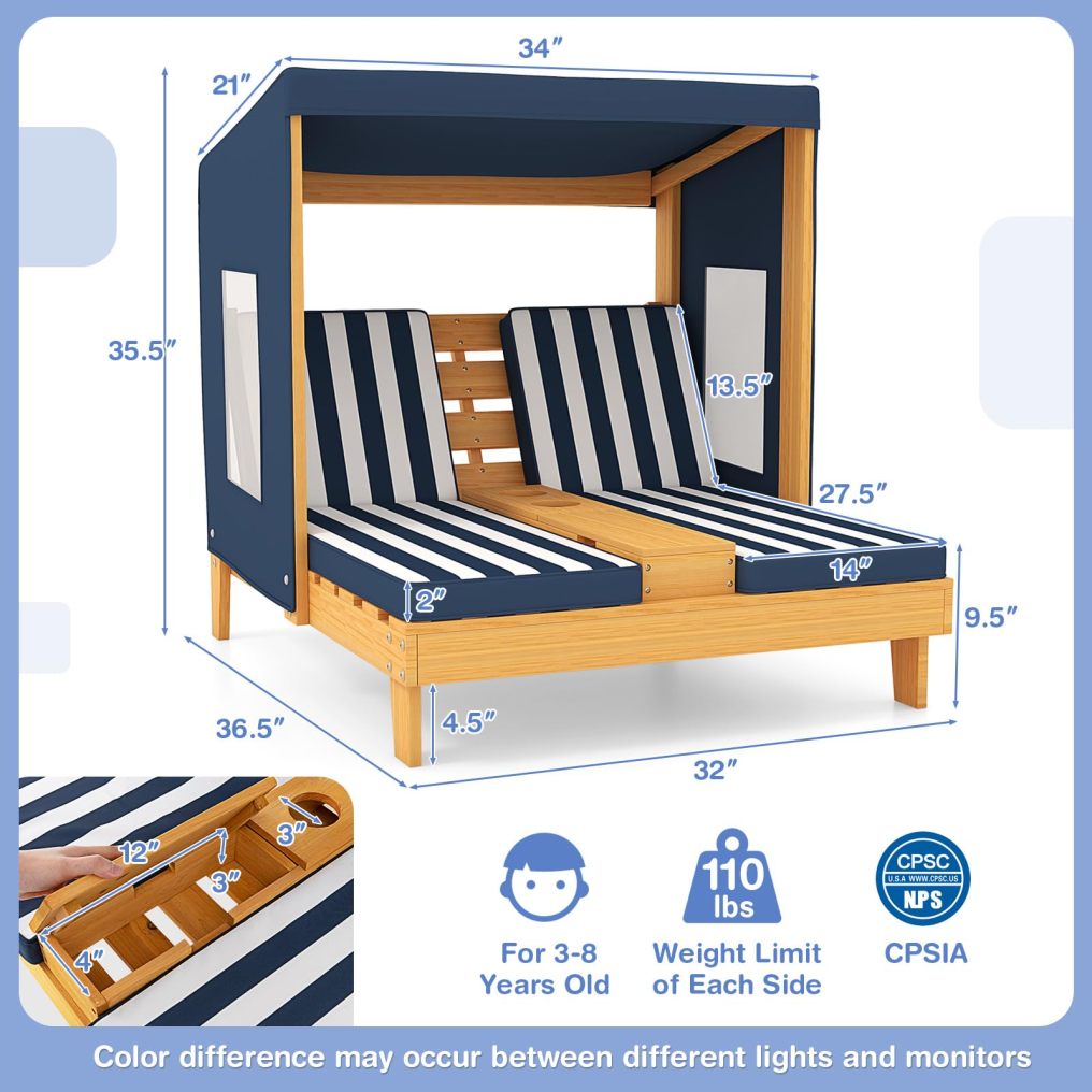 Kids Double Chaise Lounge Outdoor 2-Seat Patio Lounge Chair with Cup Holders & Cushions
