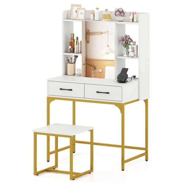 Industrial Vanity Desk with Mirror and Stool for Women Teens Girls