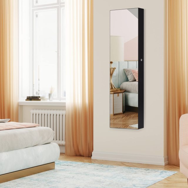 Mirror Jewelry Armoire Wall Door Mounted Jewelry Organizer w/Full-length Mirror and 2 LED Lights