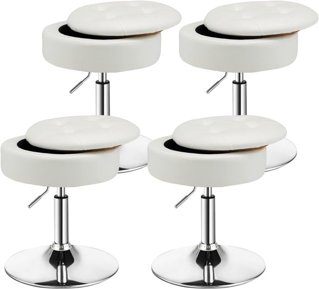 Adjustable Swivel Vanity Stool 360° Swivel 20"-26" Height Adjustable Tufted Round PU Leather Ottoman with Storage
