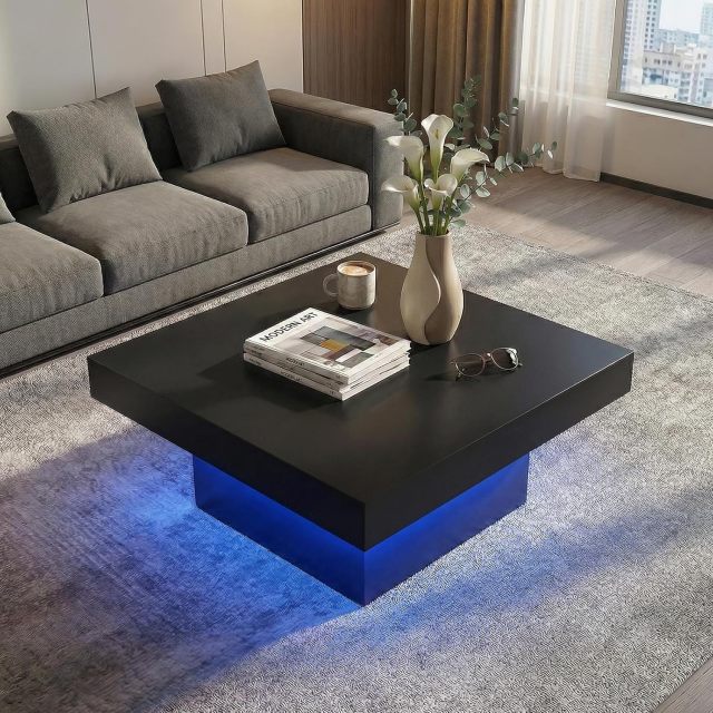 35.5" Wooden Square LED Coffee Table for Living Room