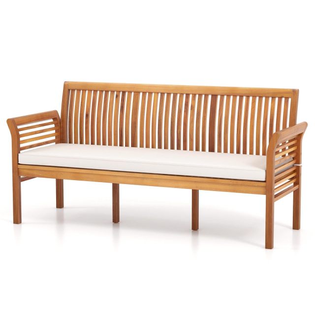 23”x 62.5”x30.5” Wooden Outdoor Bench with White Cushion