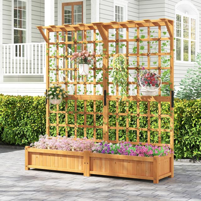 71” Large Wooden Raised Garden Bed with Trellis(71"Lx19"Wx72"H)