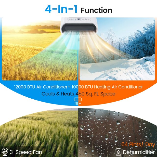 12000 BTU Portable Air Conditioner and Heater, 4-in-1 AC Unit with Dehumidifier, Heat, Cool, Fan