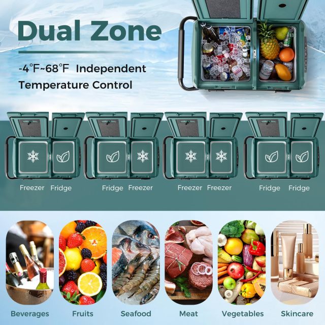 Car Refrigerator with Wheels, 53-Quart Dual-zone Dual-temperature Electric Cooler, 12V/24V DC, 100-240V AC, Green+Black