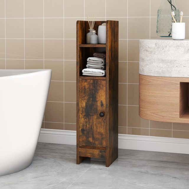 Small Bathroom Storage Cabinet | Slim Corner Floor Cabinet with Door and Adjustable Shelf