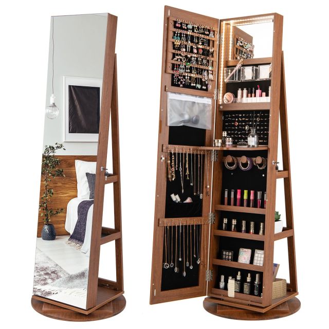 360° Rotating Mirrored Jewelry Cabinet Armoire 3 Color LED Modes Lockable