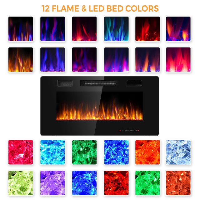 36-Inch Electric Fireplace Insert 750W/1500W Wall Recessed and Mounted Fireplace