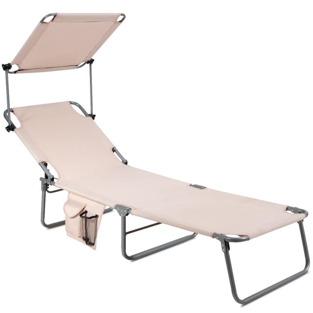 Beach Foldable Chaise Lounge with Canopy Adjustable Backrest & Side Pocket