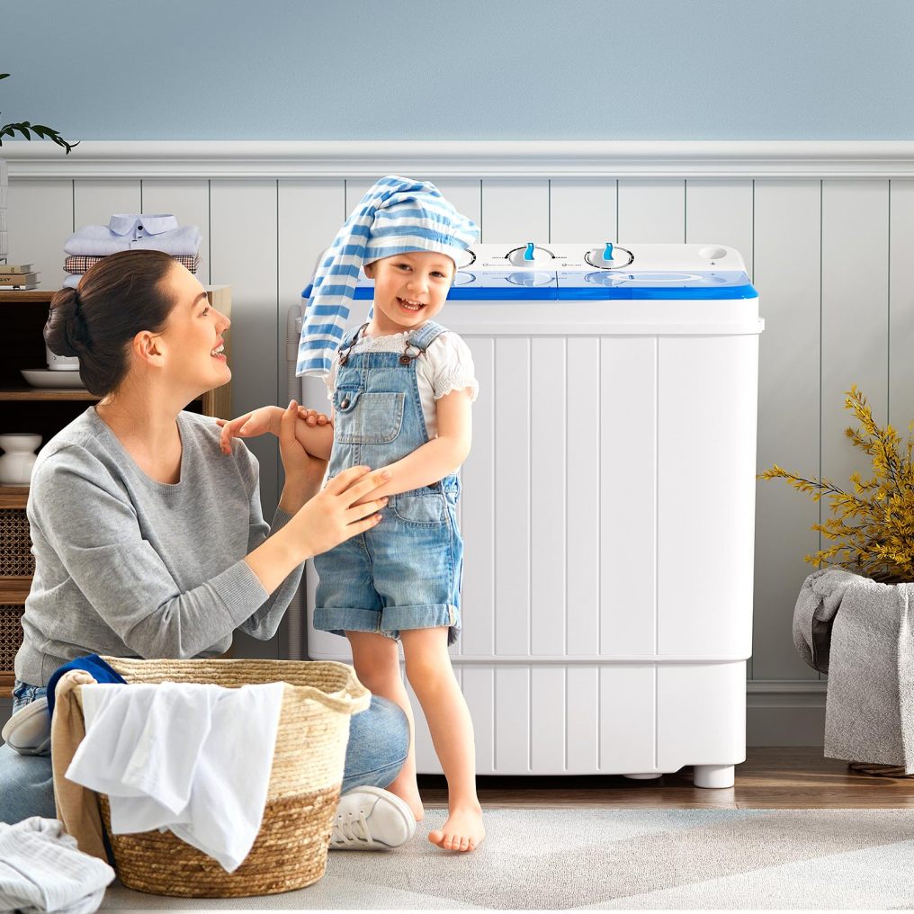 Portable Washing Machine, 17.6lbs Compact Portable Washer Twin Tub Combo with Pump Drain (Blue & White)