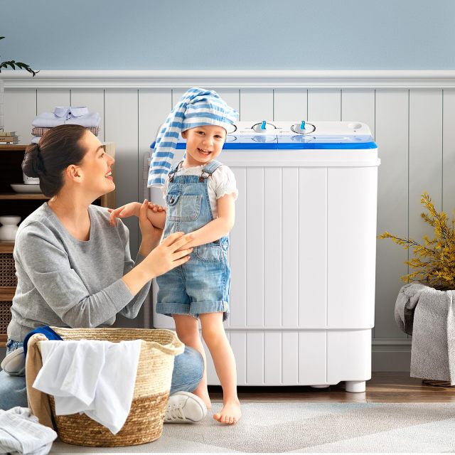 Portable Washing Machine, 17.6lbs Compact Portable Washer Twin Tub Combo with Pump Drain (Blue & White)
