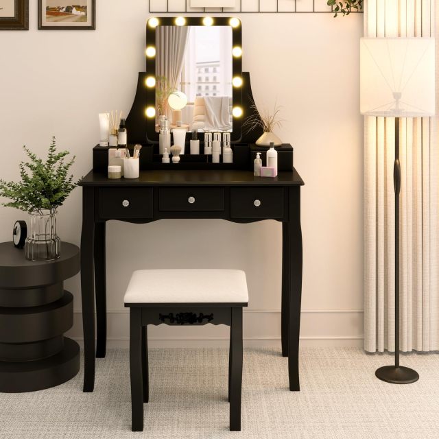 Vanity Desk with Lights Makeup Table with 3 Modes Adjustable Lighted LED Mirror & Cushioned Stool